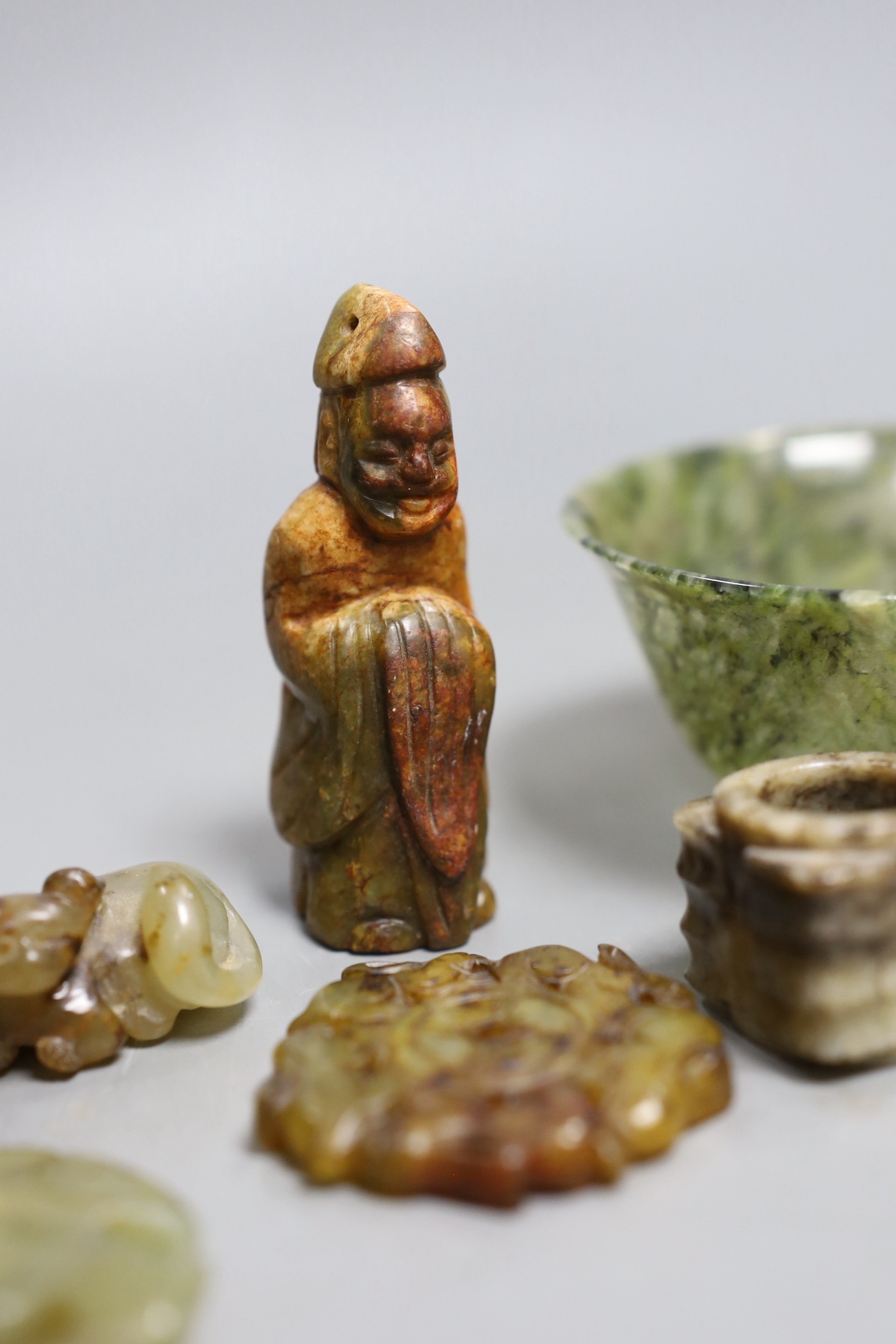 A small Chinese grey and black jade cong, 3.2 cm wide and other various Chinese hardstone and soap stone carvings, bowl 9.5cms diameter